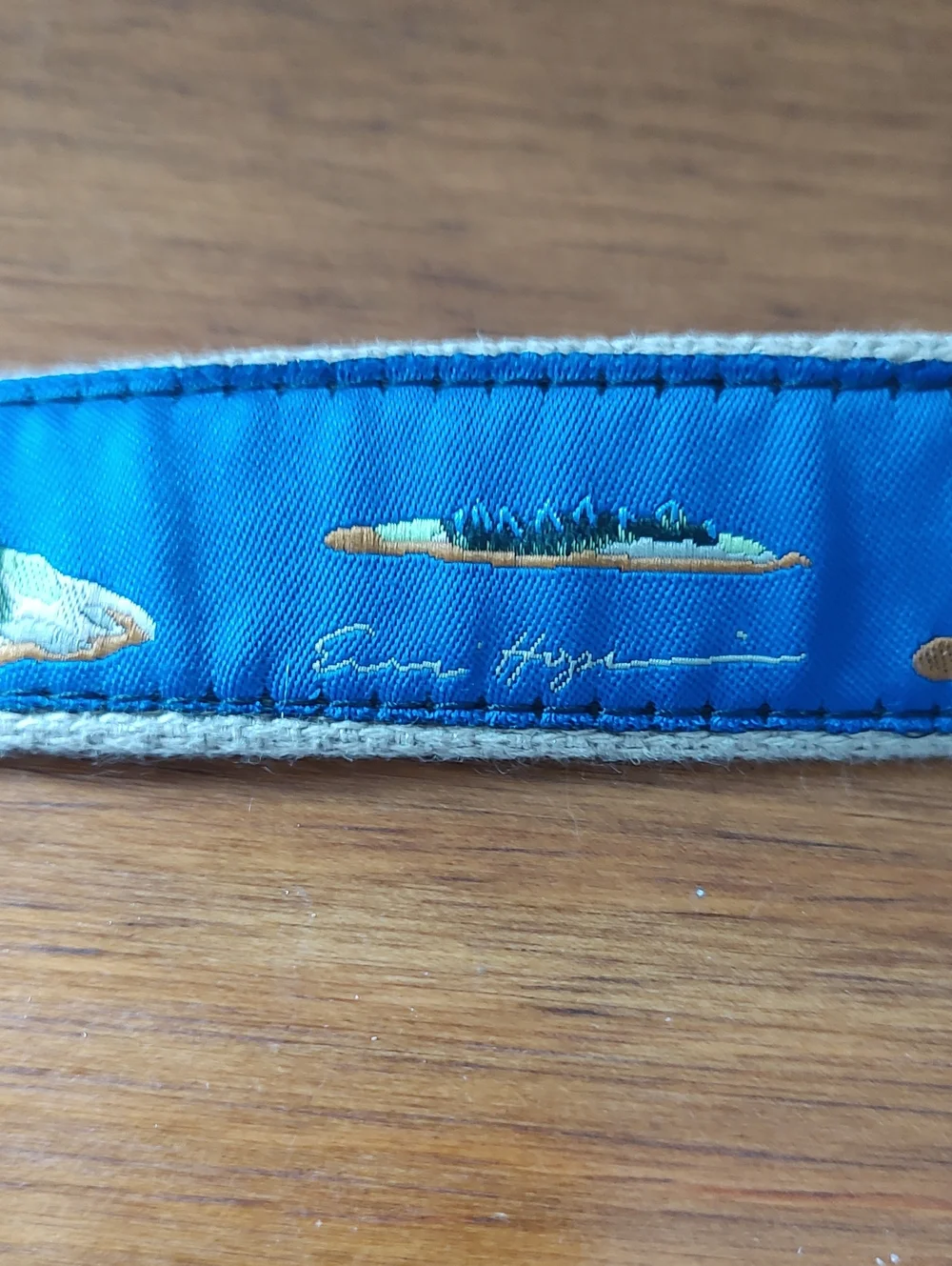 Belted Cow Company Blue Embroidered Canvas Belt with Island Motif. Medium